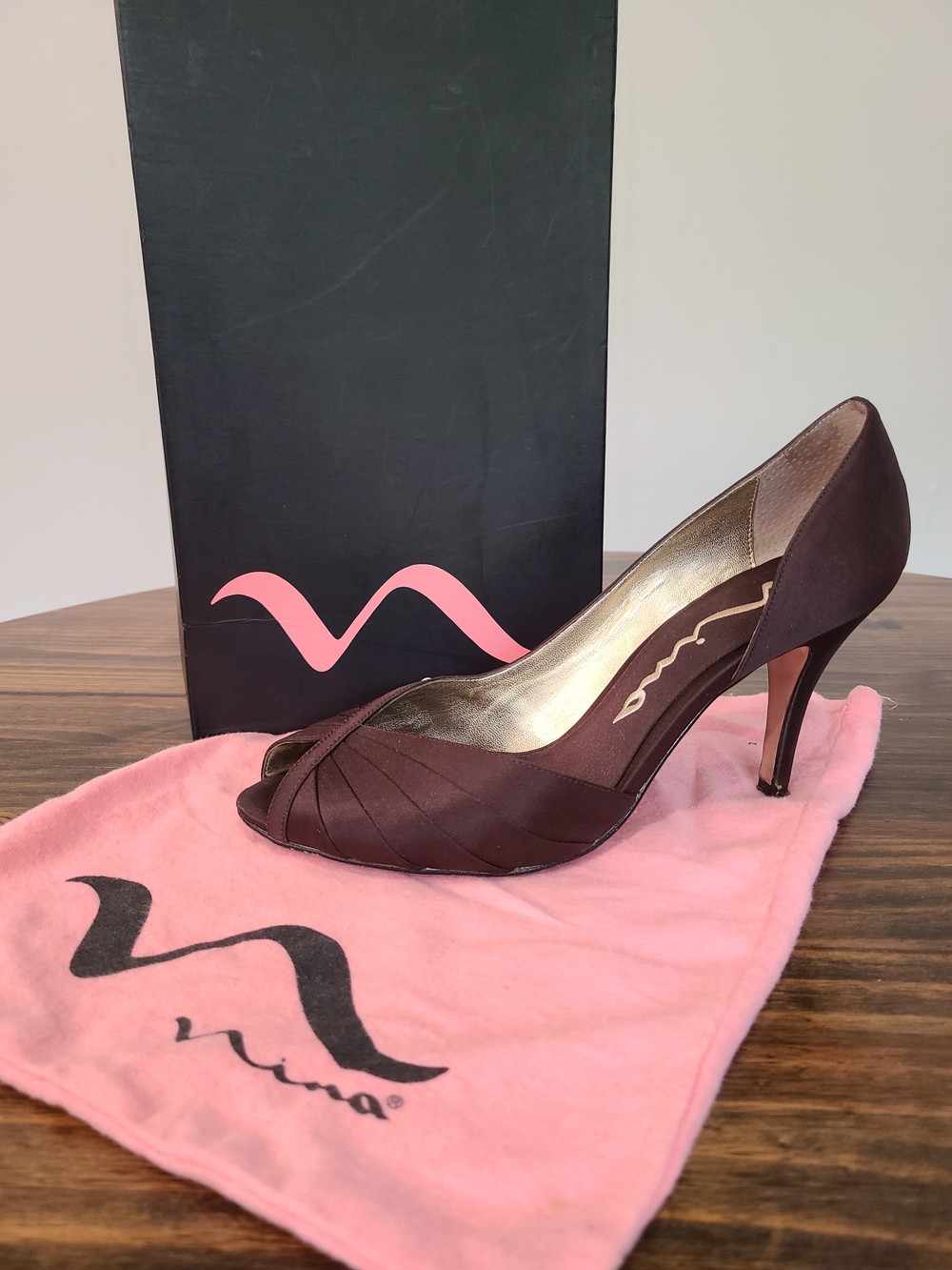 2007 Nina Brown Satin Peep-Toe Heel